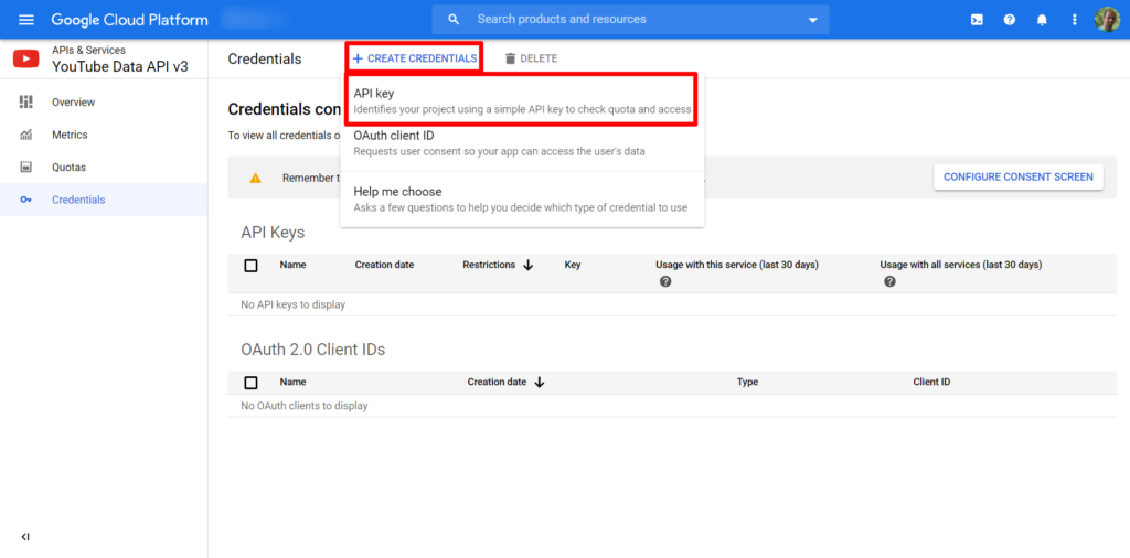 Click on Create Credentials and then API key
