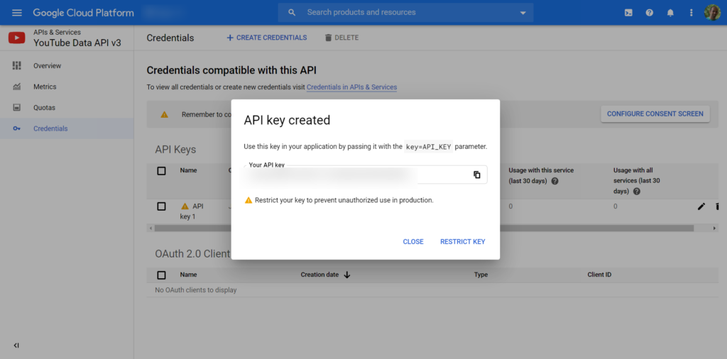 And congratulations, you now have your API key.
